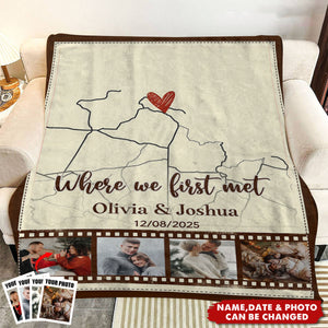 Custom Where We First Met Map Art Blanket With Photo, Anniversary Gifts for Boyfriend, ValentinesBlanket Gift for Him Her