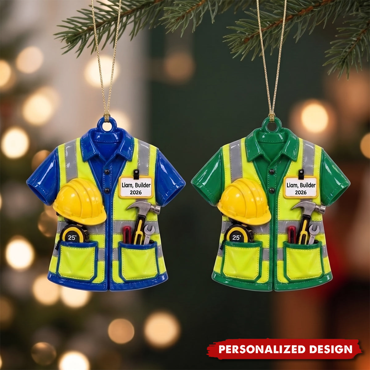 Custom Name Builder Christmas Ornament, Construction Work Shirt with Tools