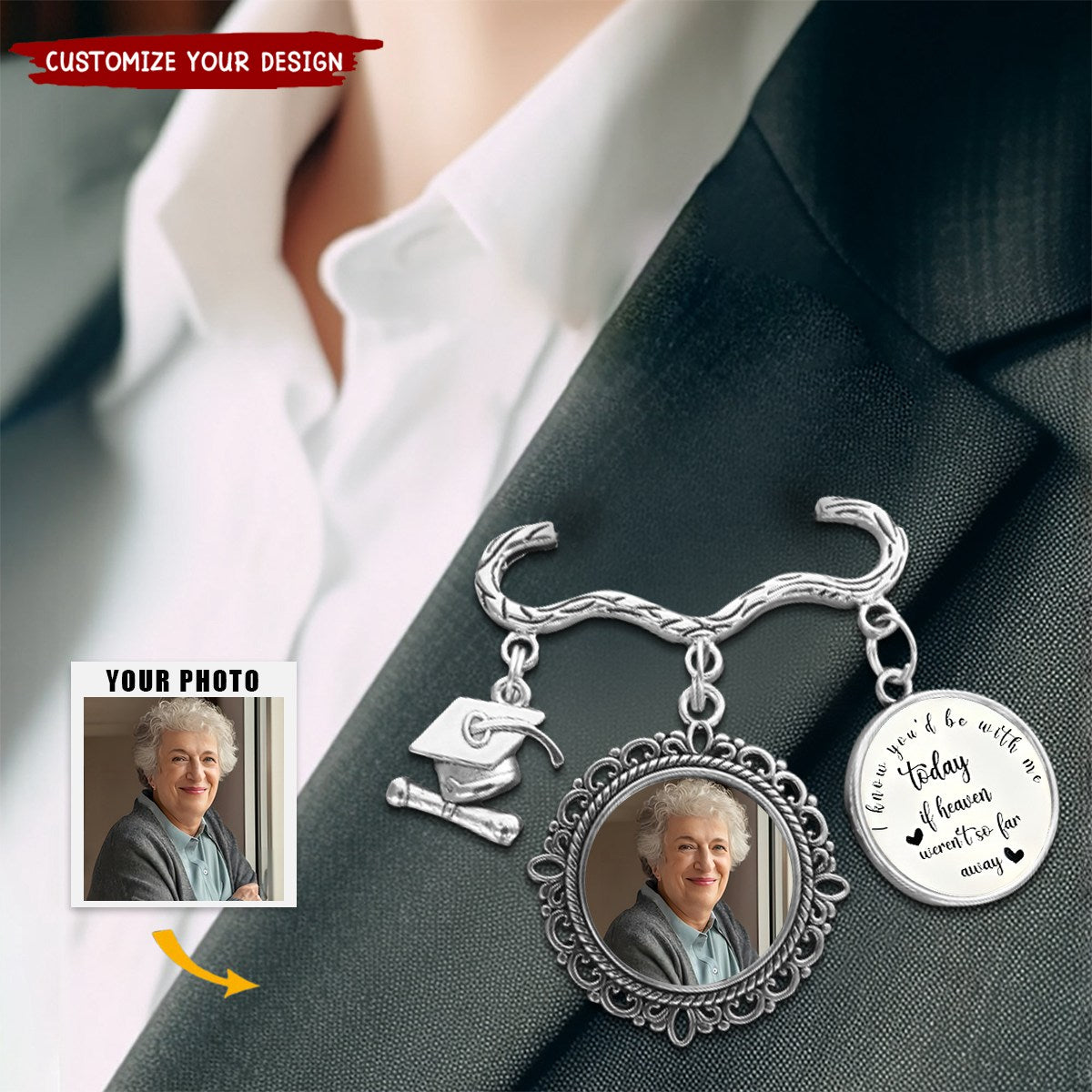 Personalized Antique Graduation Cap Memorial Tassel Brooch Pin with Photo Charm Grad Ceremony Sympathy Gift