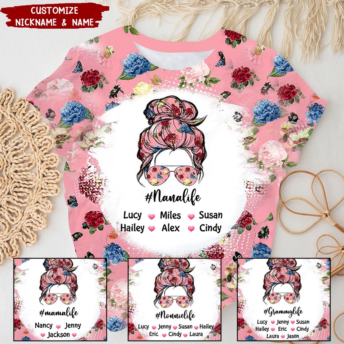 Grandmalife Floral Pink Pattern Kid Names Heart Personalized 3D T-shirt