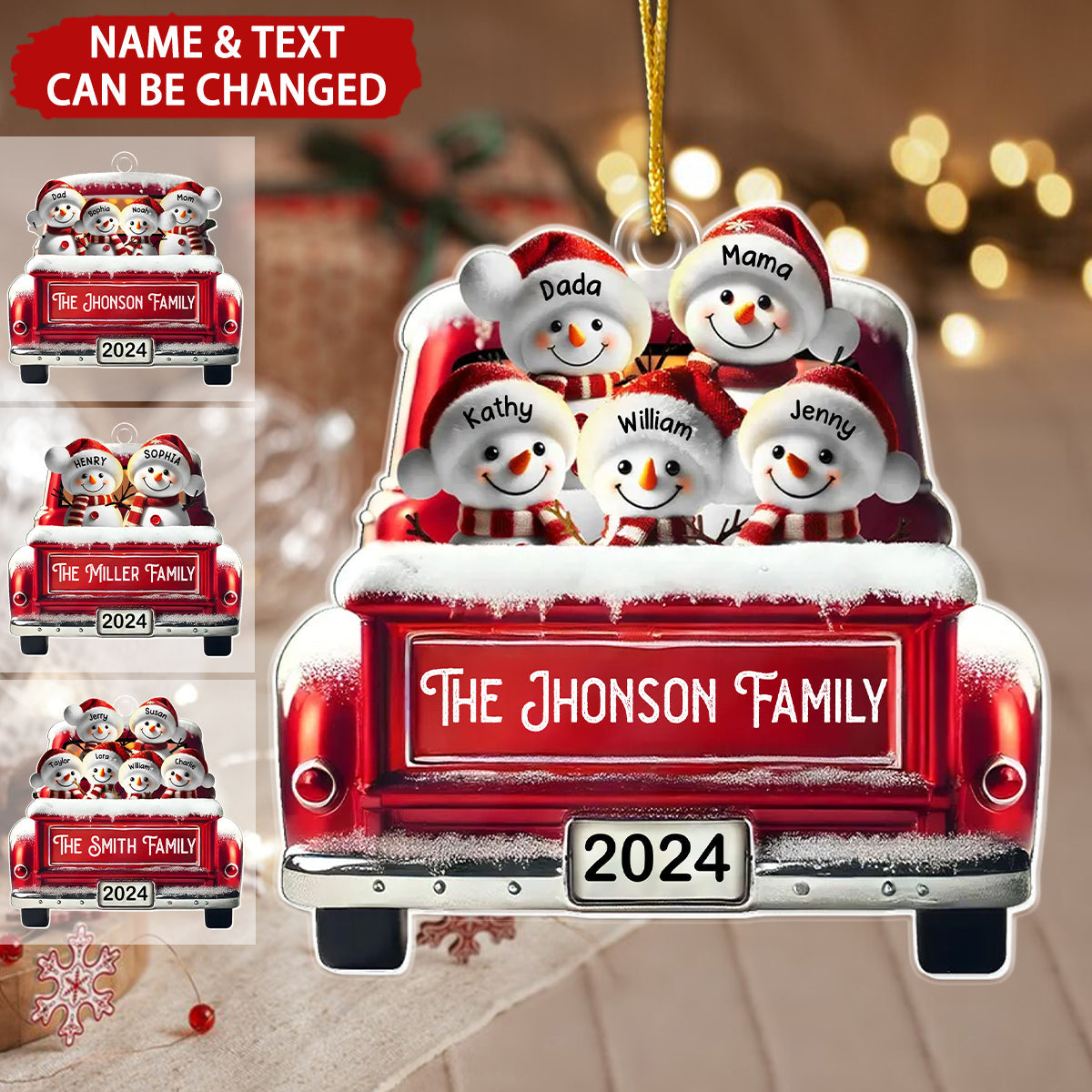 Snowman Family In Red Truck Personalized Christmas Ornament