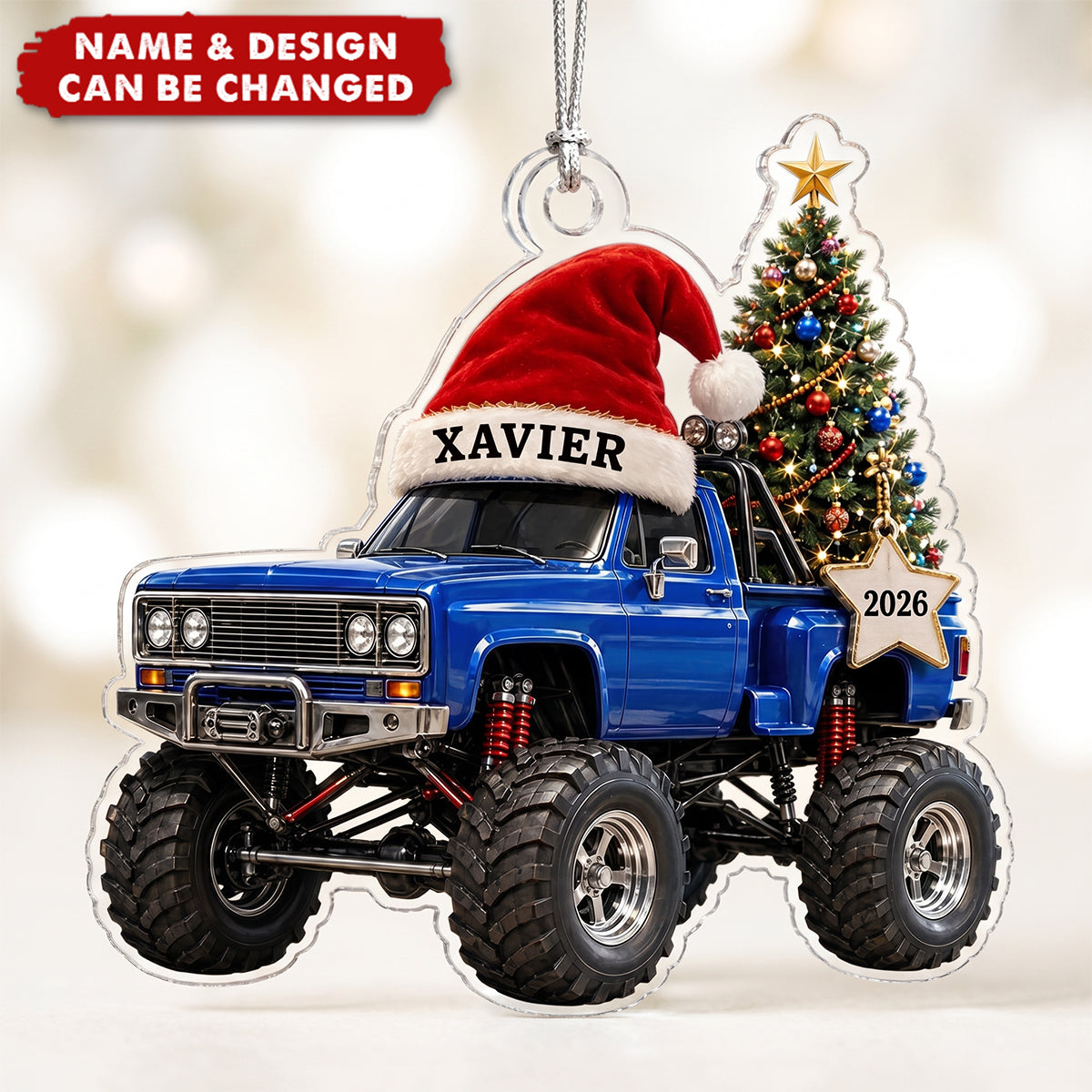Personalized Monster Truck Christmas Acrylic Ornament, Custom Name Ornament, Santa Truck Xmas Gift for Kids