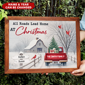 All Roads Lead Home At Christmas With Red Truck and Cardinal Birds, Personalized Horizontal Poster