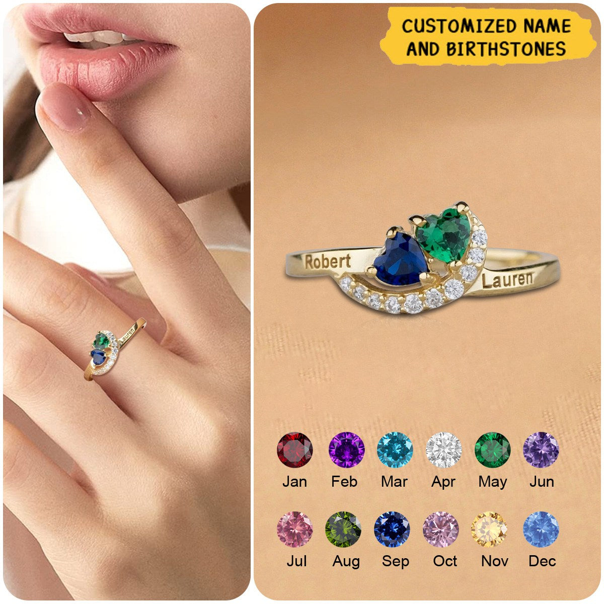 Personalized Promise Heart Cut Birthstone Ring, Two Name Engraved Ring