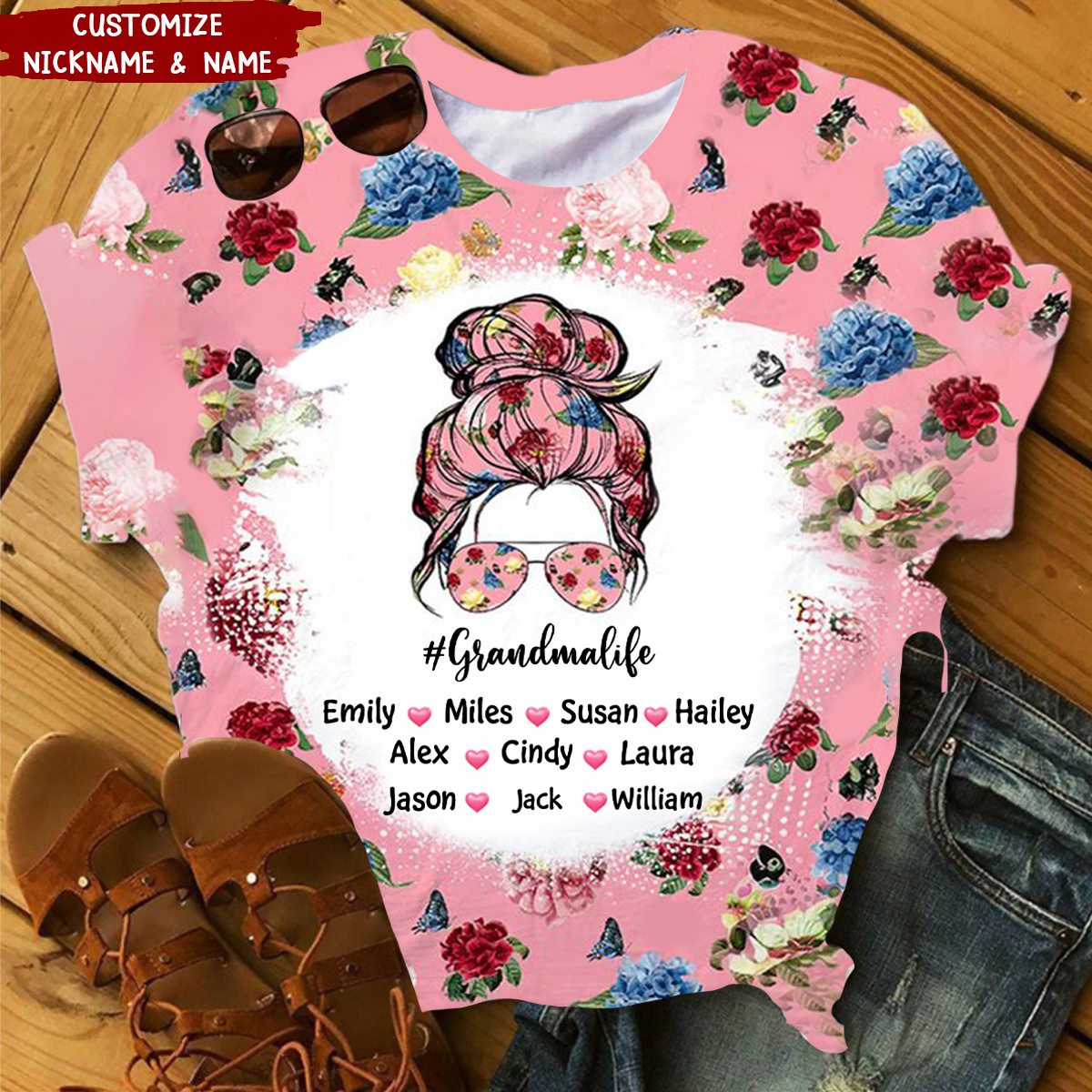Grandmalife Floral Pink Pattern Kid Names Heart Personalized 3D T-shirt