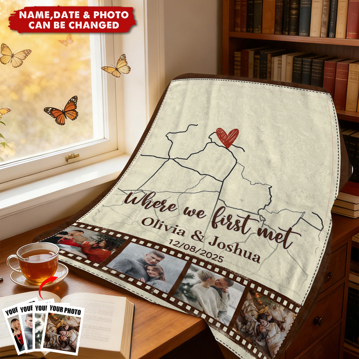 Custom Where We First Met Map Art Blanket With Photo, Anniversary Gifts for Boyfriend, ValentinesBlanket Gift for Him Her