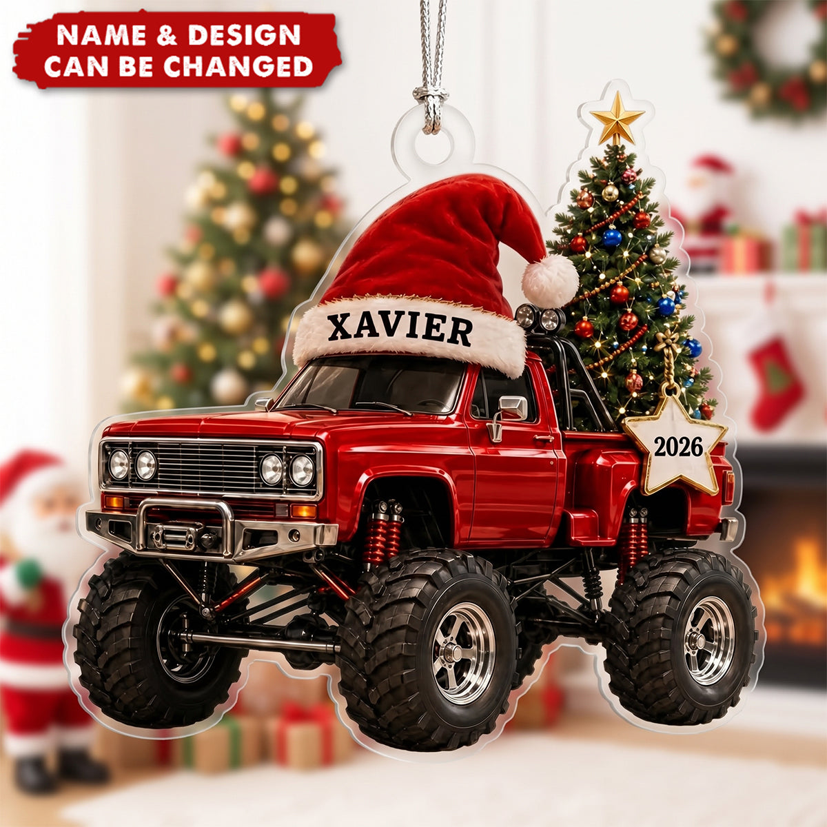 Personalized Monster Truck Christmas Acrylic Ornament, Custom Name Ornament, Santa Truck Xmas Gift for Kids