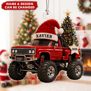 Personalized Monster Truck Christmas Acrylic Ornament, Custom Name Ornament, Santa Truck Xmas Gift for Kids