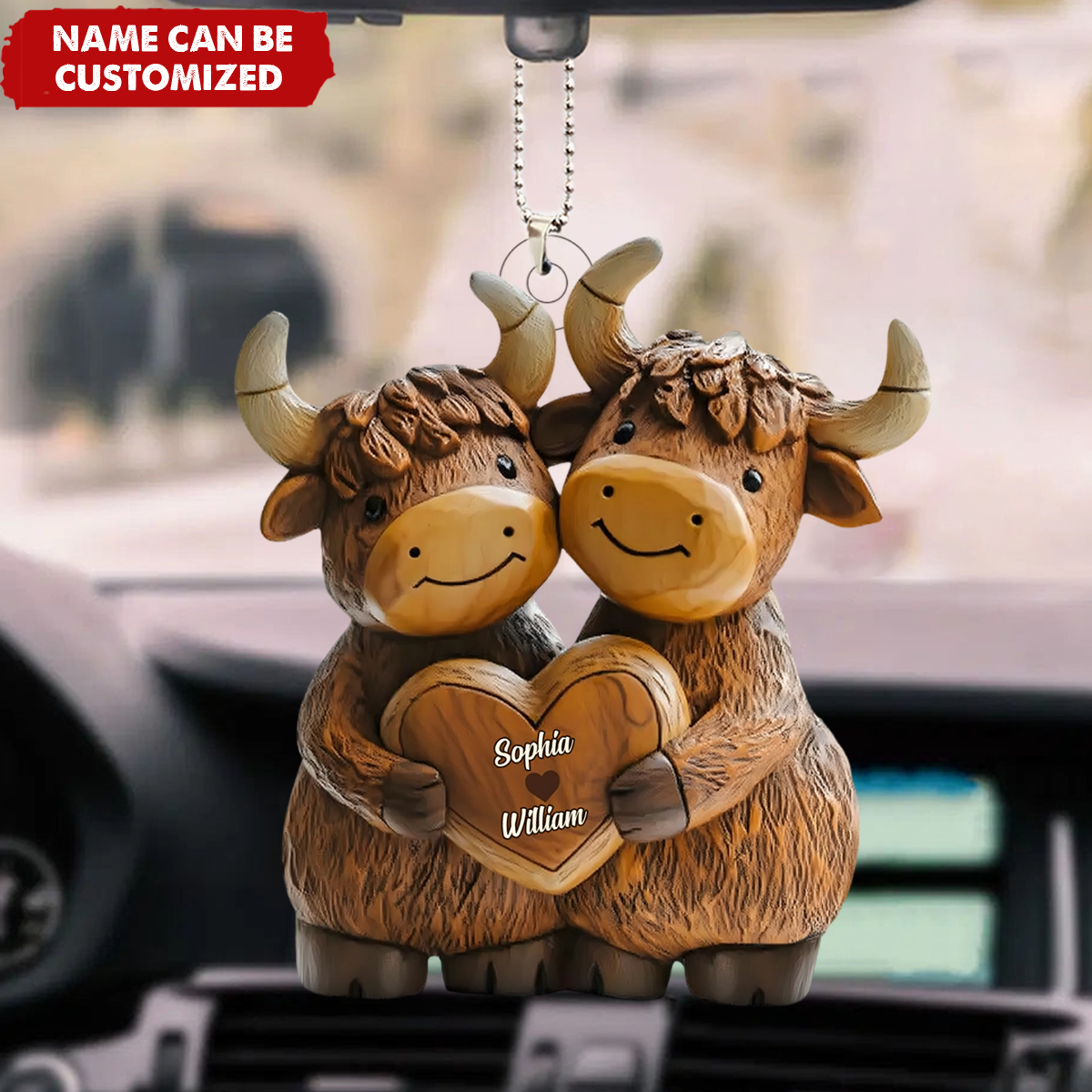 Highland Cow Couple - Personalized Acrylic Car Ornament