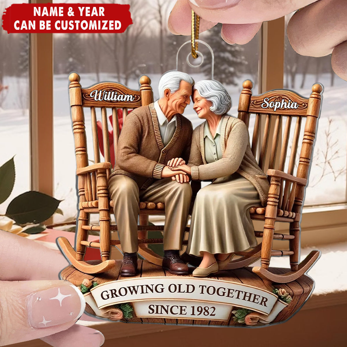 Old Couple Sitting On Rocking Chairs Together Personalized Christmas Acrylic Ornament