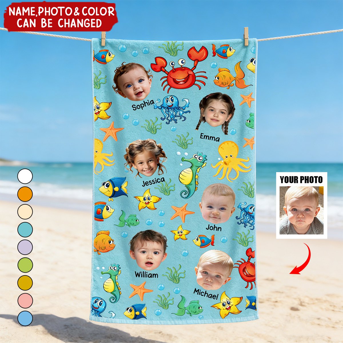 Cute Kid Faces & Watercolor Sea Creatures - Personalized Photo Beach Towel