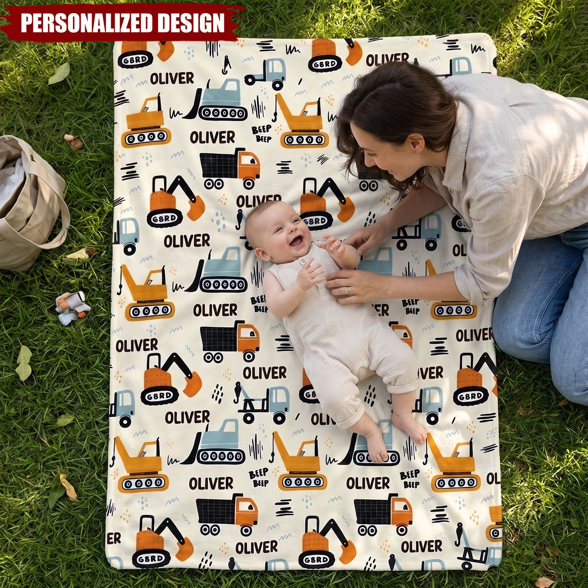 Construction Vehicle Custom Baby Name - Personalized Fleece Blanket