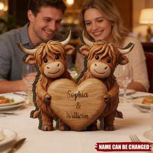 Custom Highland Cow Couple Wooden Blocks Personalized Cow Wood Plaque