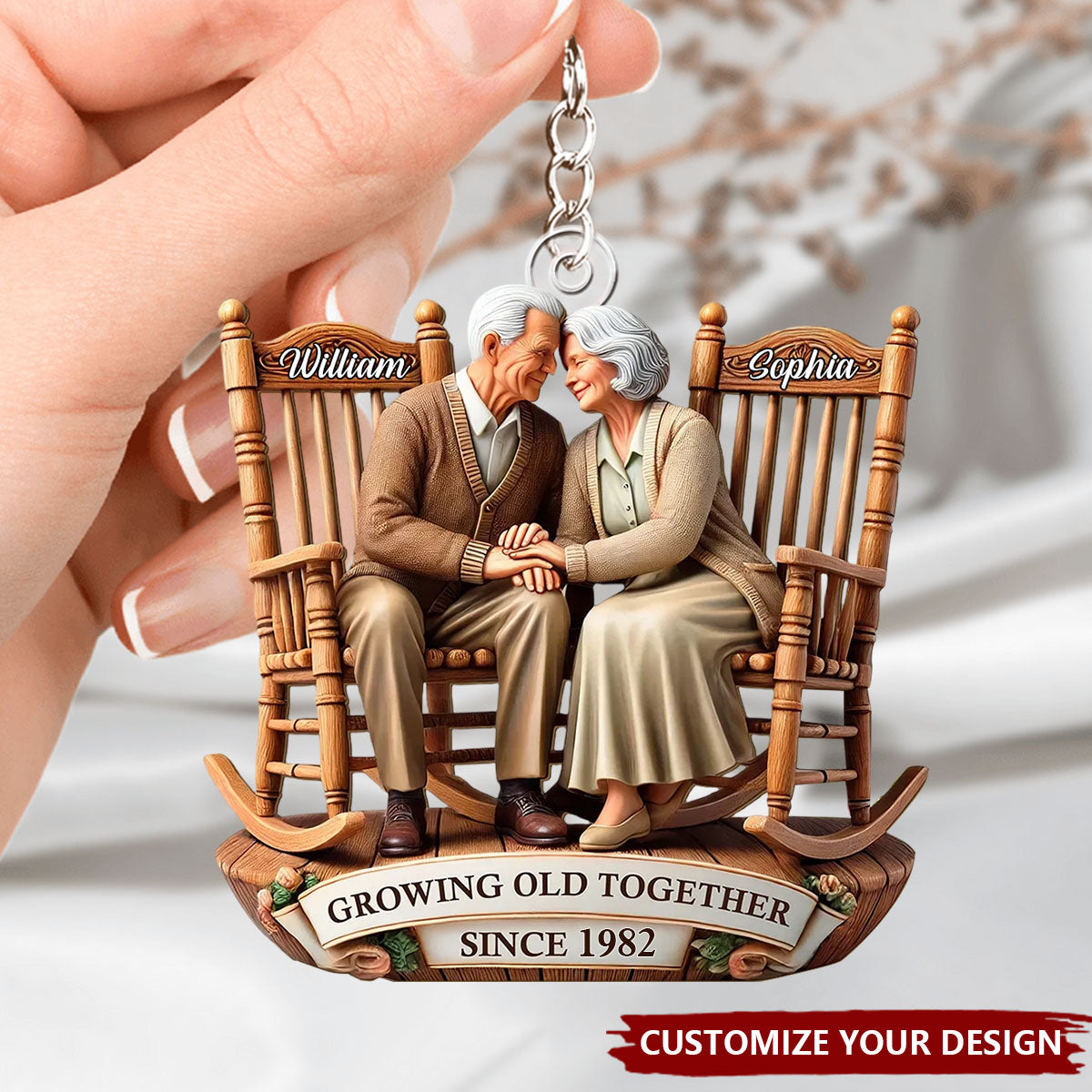 Old Couple Sitting On Rocking Chairs Together - Personalized Acrylic Keychain