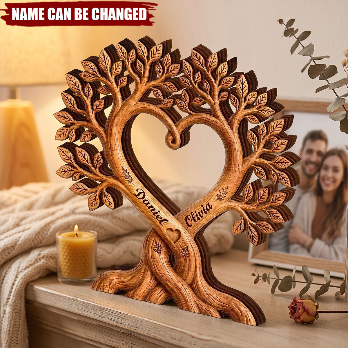 Personalized Wooden Plaque With Tree And Heart Design And Couple's Names
