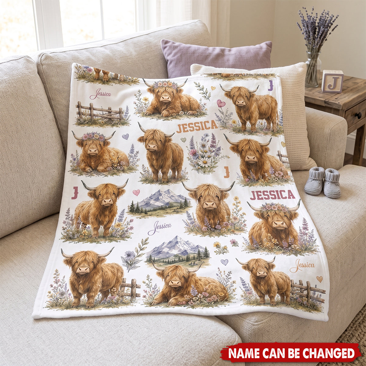 Personalized Highland Cow Baby Blanket - Custom Name Floral Nursery Decor & Shower Gift