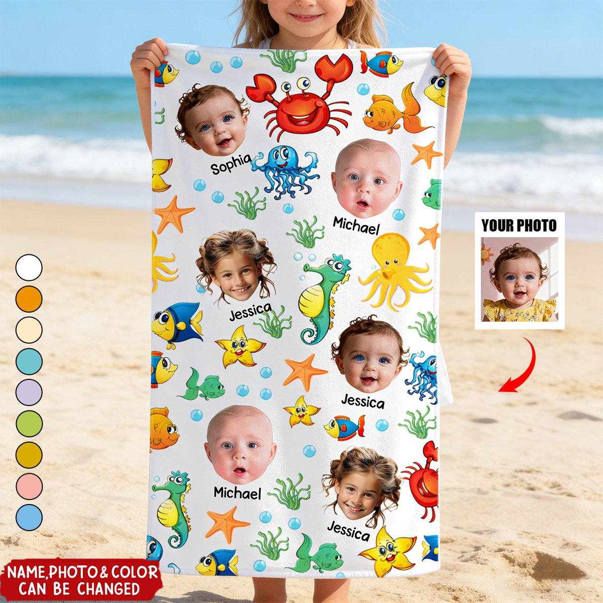 Cute Kid Faces & Watercolor Sea Creatures - Personalized Photo Beach Towel