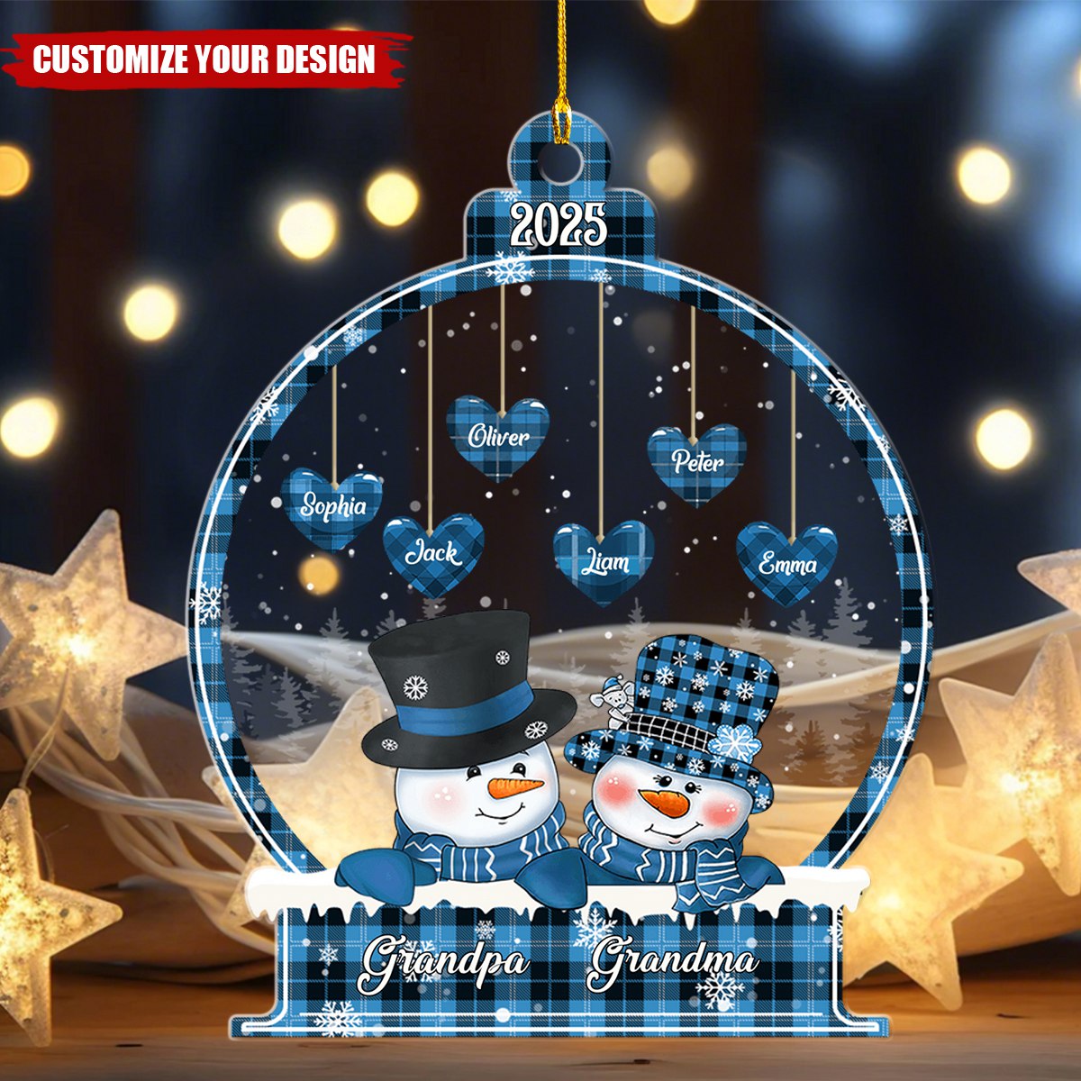 Sparkling Christmas Snowman Papa Nana Dad Mom Heart Kids In Snowball Personalized Ornament
