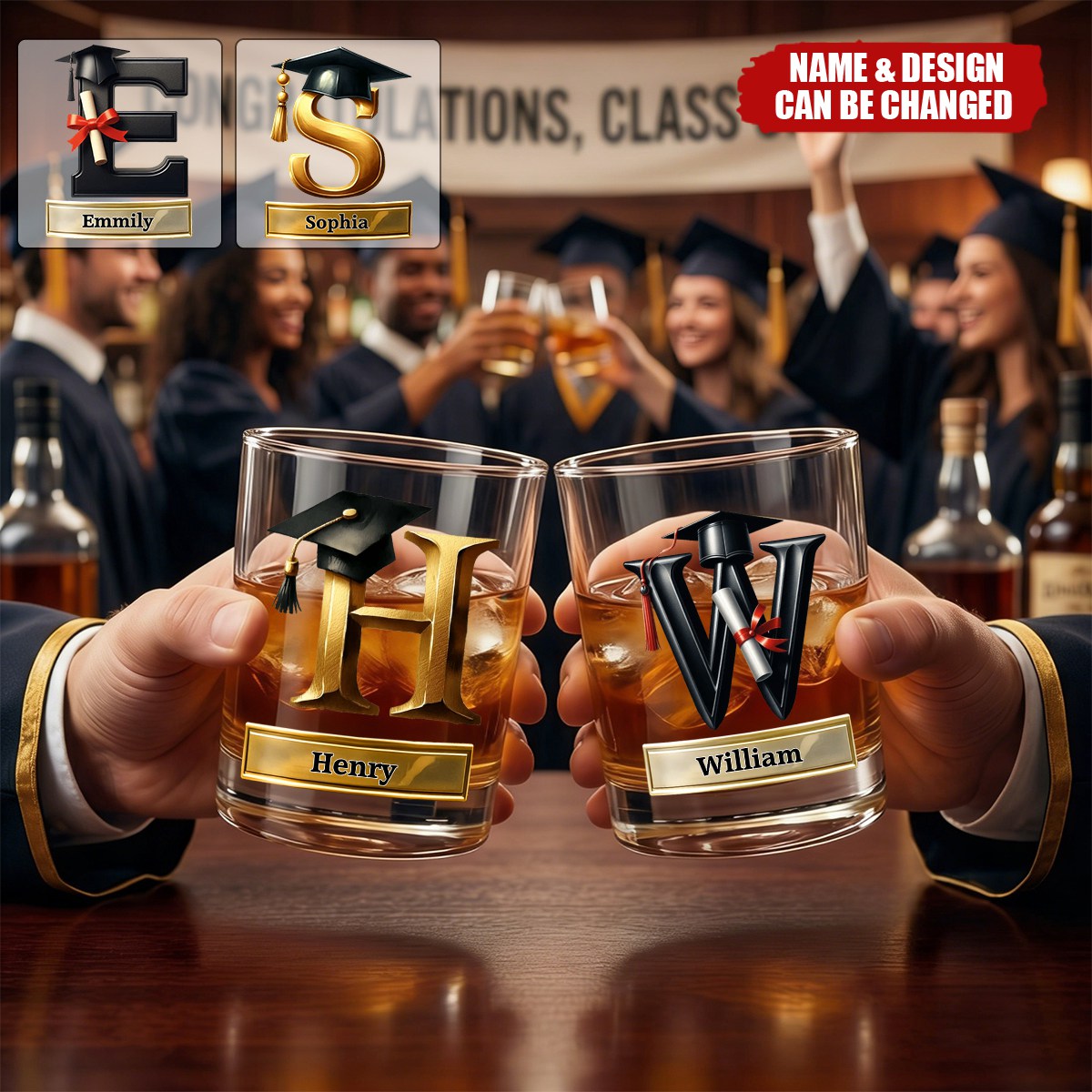 Personalized Graduation Cap Initial Whiskey Glass - Gift For Graduates & Whiskey Lovers