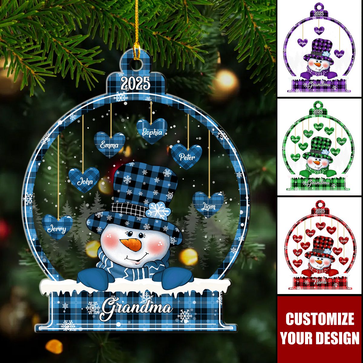 Sparkling Christmas Snowman Nana Mom Little Heart Kids In Snowball Personalized Ornament