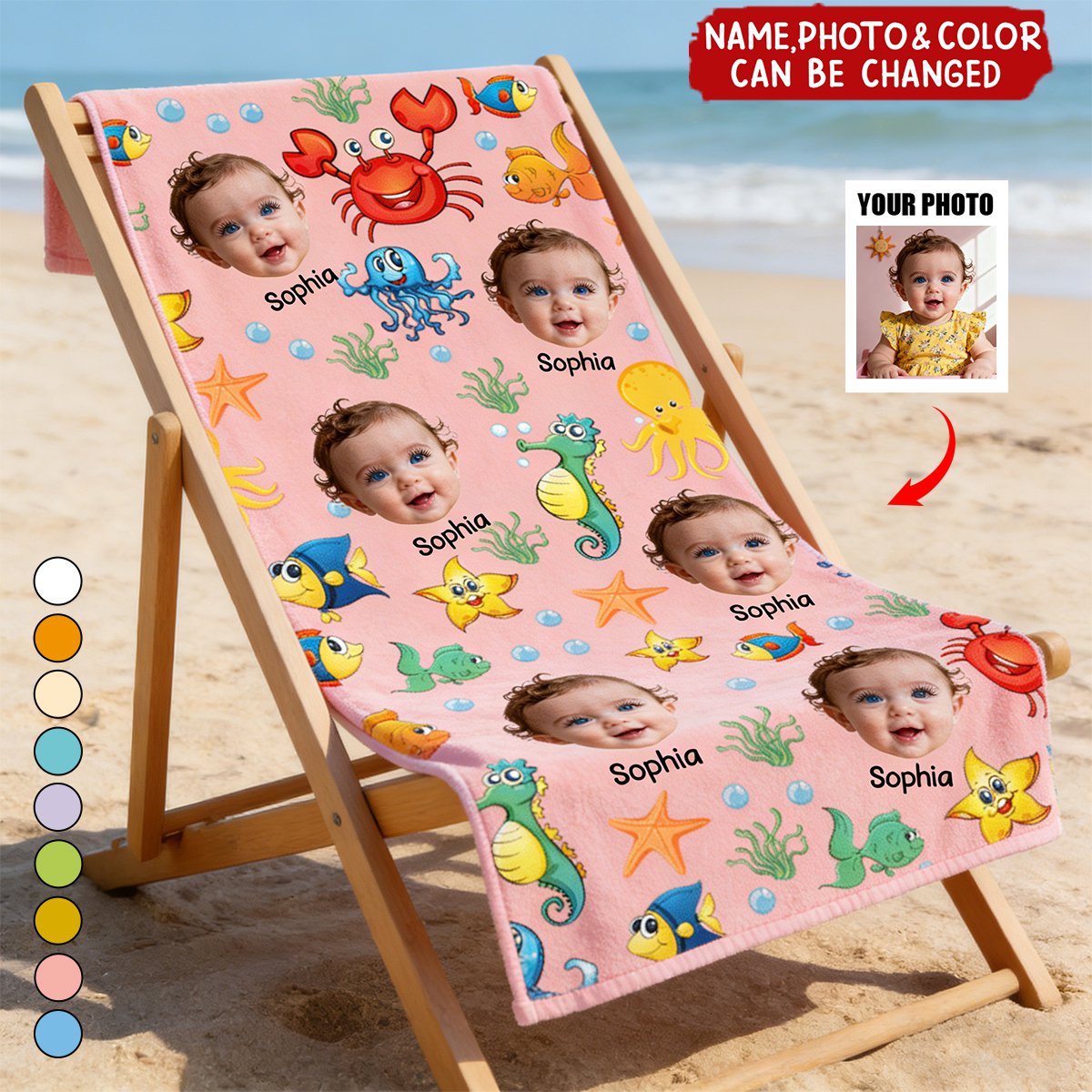 Cute Kid Faces & Watercolor Sea Creatures - Personalized Photo Beach Towel