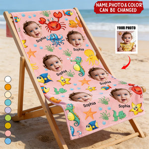 Cute Kid Faces & Watercolor Sea Creatures - Personalized Photo Beach Towel