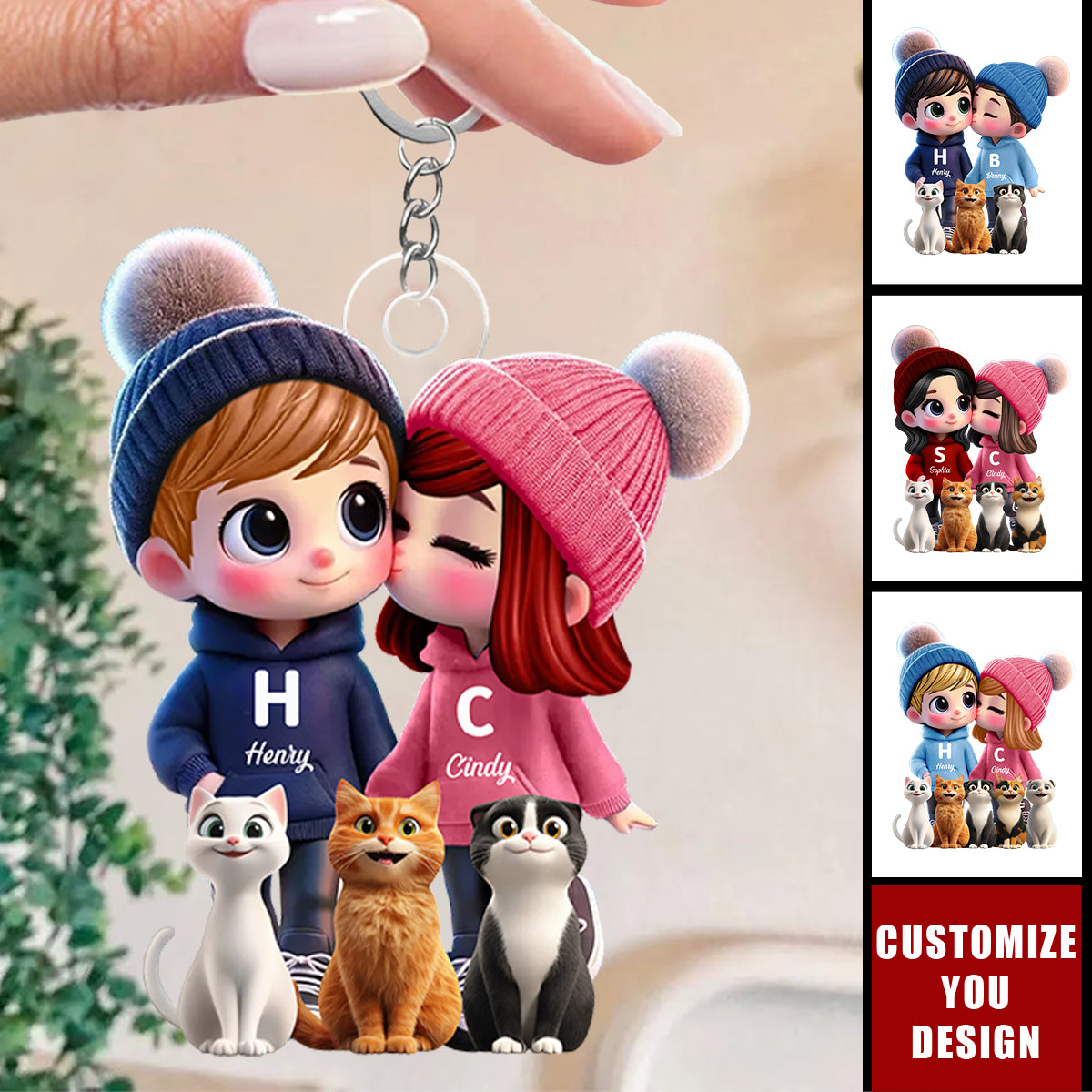 Cute Cartoon Couple You Me And Cute Cartoon Cat Personalized Acrylic Keychain