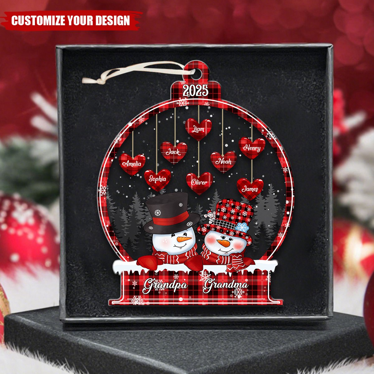 Sparkling Christmas Snowman Papa Nana Dad Mom Heart Kids In Snowball Personalized Ornament