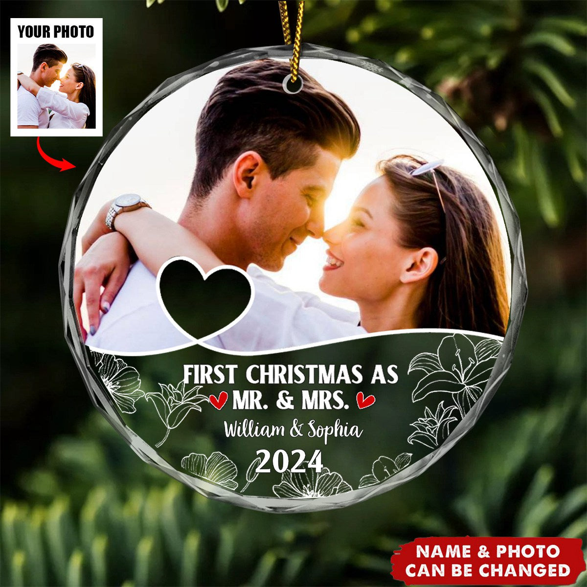 Custom Photo First Christmas As Mr & Mrs Couples - Personalized Circle Glass Ornament