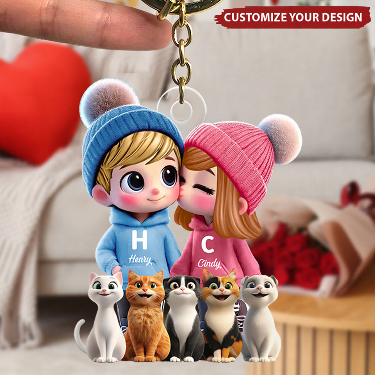 Cute Cartoon Couple You Me And Cute Cartoon Cat Personalized Acrylic Keychain
