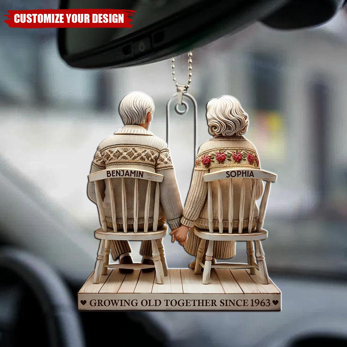 Old Couple Holding Hands Sitting Together - Personalized Acrylic Car Ornament, Gift For Couple