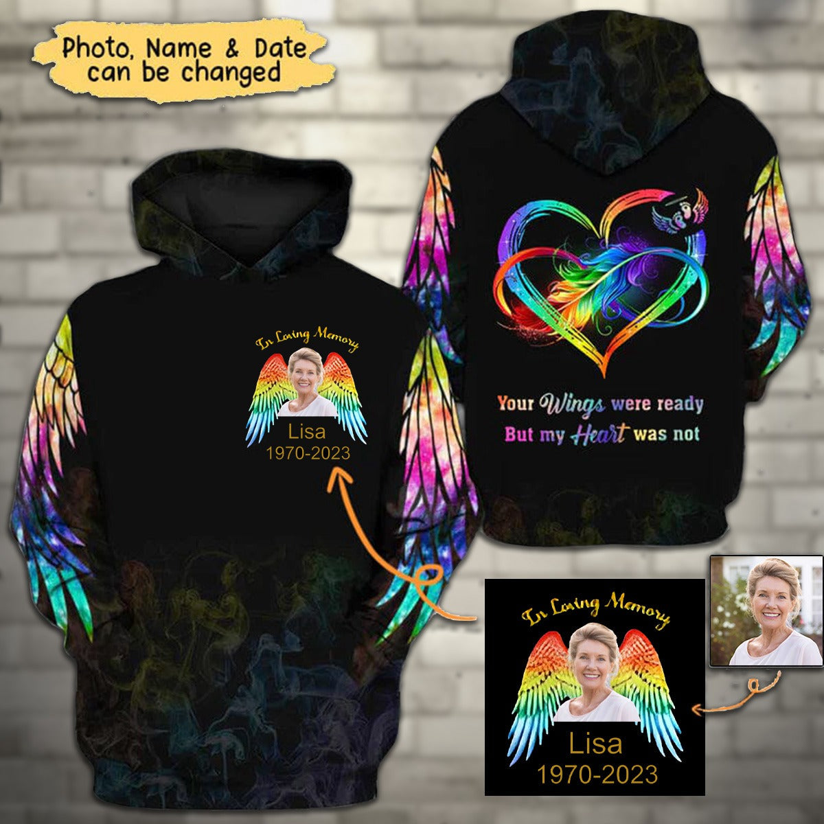 Upload Photo Rainbow Wings Angel Family Loss Memorial Gift Customized 3D Hoodie