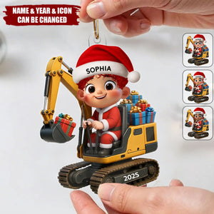 Cartoon Kid And Christmas Excavator Personalized Acrylic Ornament