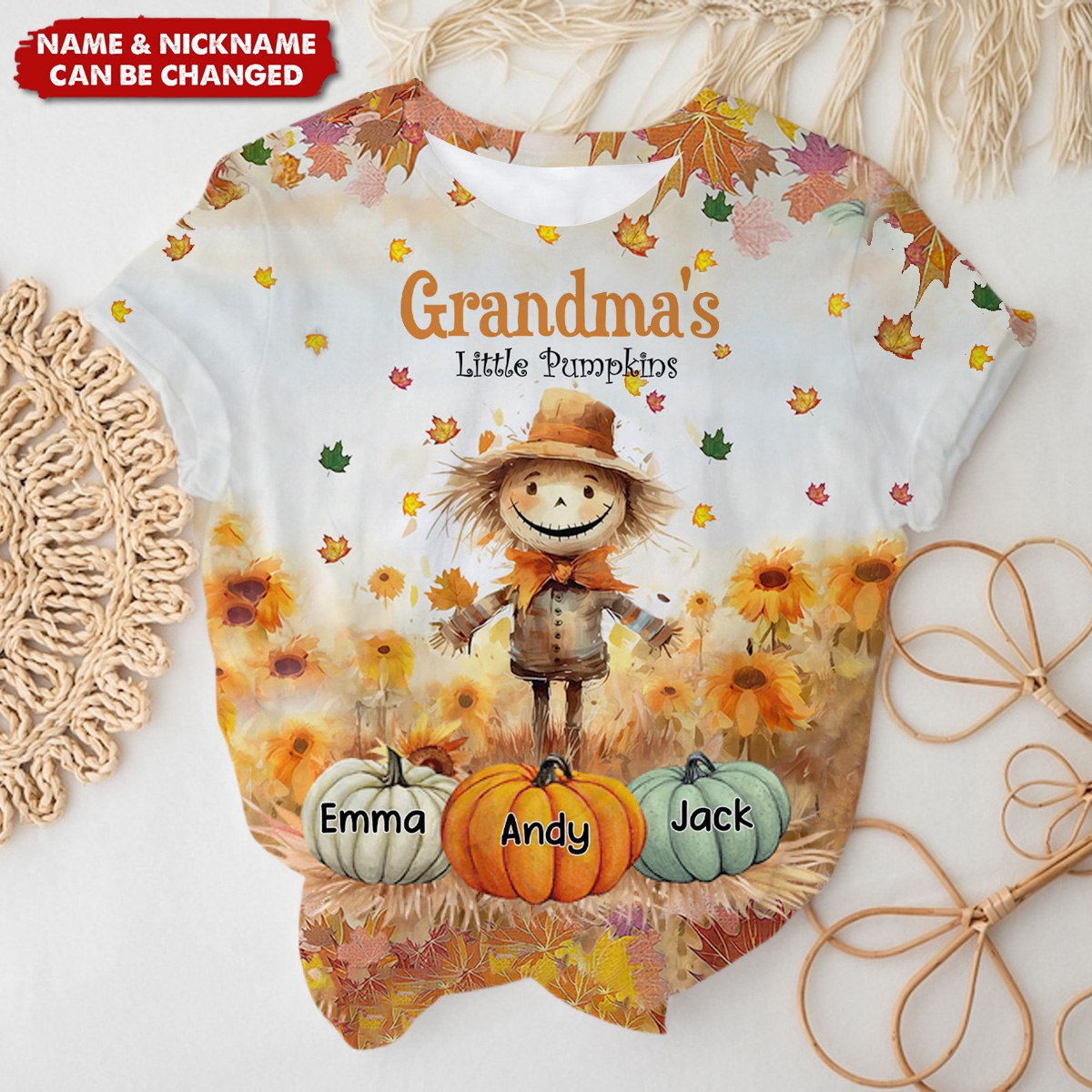 Grandma's Little Pumpkins Scarecrow Standing With Pumpkins Around Personalized 3D T-shirt