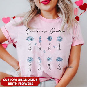 Grandma's Garden Retro Vintage Birthmonth Flowers Personalized Shirt, Grandkids Names Floral Gift for Grandma, Mom