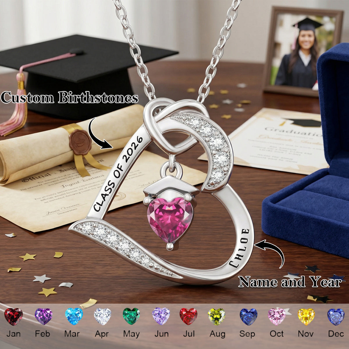 Personalized Graduation Cap Birthstone Heart Necklace