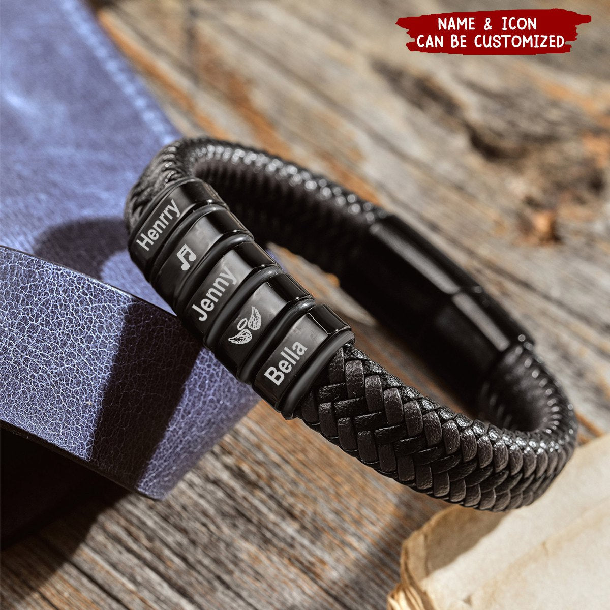 Personalized Beads Leather Bracelet with Kids Name, Gifts For Him Dad Son Grandpa