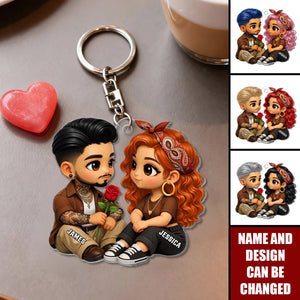 3D Effect Cute Couple A Rose For You - Personalized Keychain - Gift for Couple