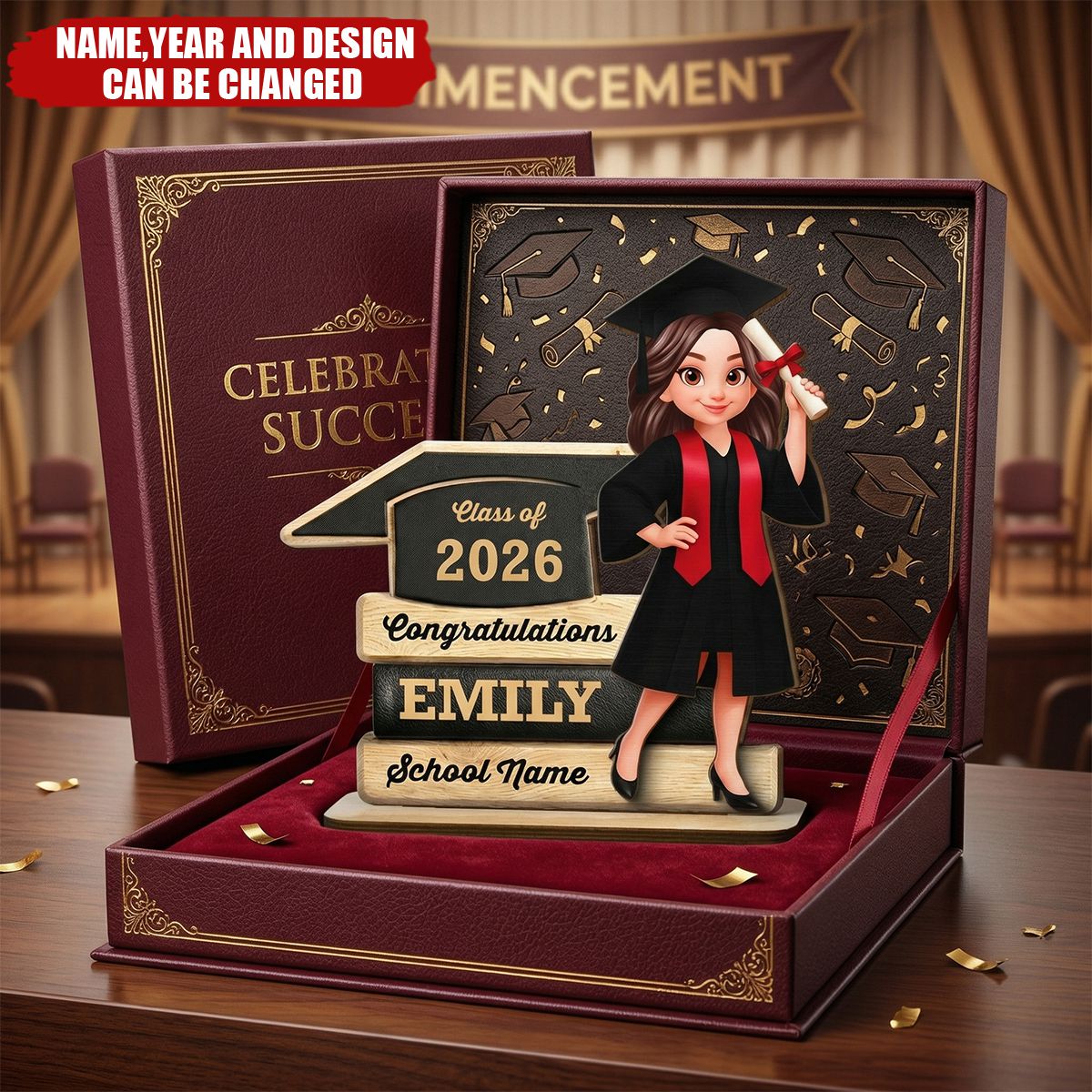 Cartoon Grad Holding Diploma - Personalized 2-Layered Wooden Plaque