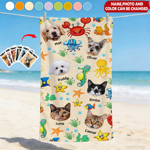 Cute Pets & Watercolor Sea Creatures - Personalized Photo Beach Towel