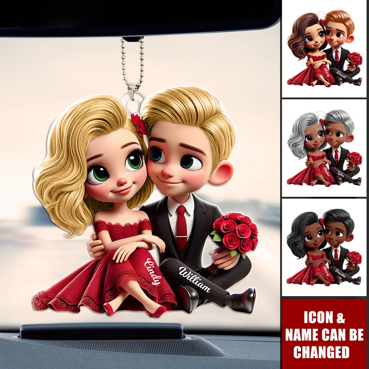Romantic Elegant Valentine Couple Personalized Acrylic Car Ornament, Anniversary Gift For Him, Gift For Her