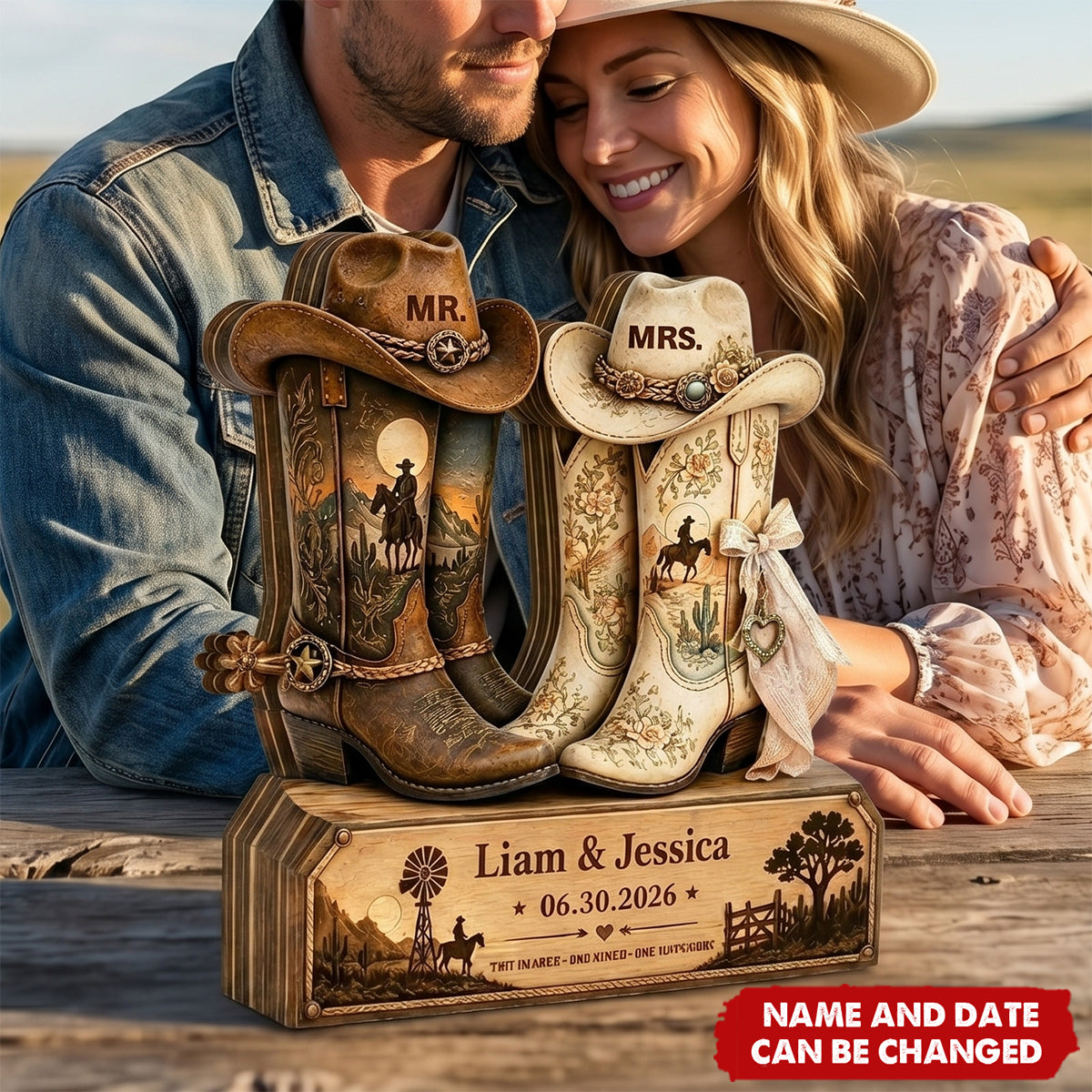 Rustic Wedding - Personalized Cowboy Boots Wooden Block