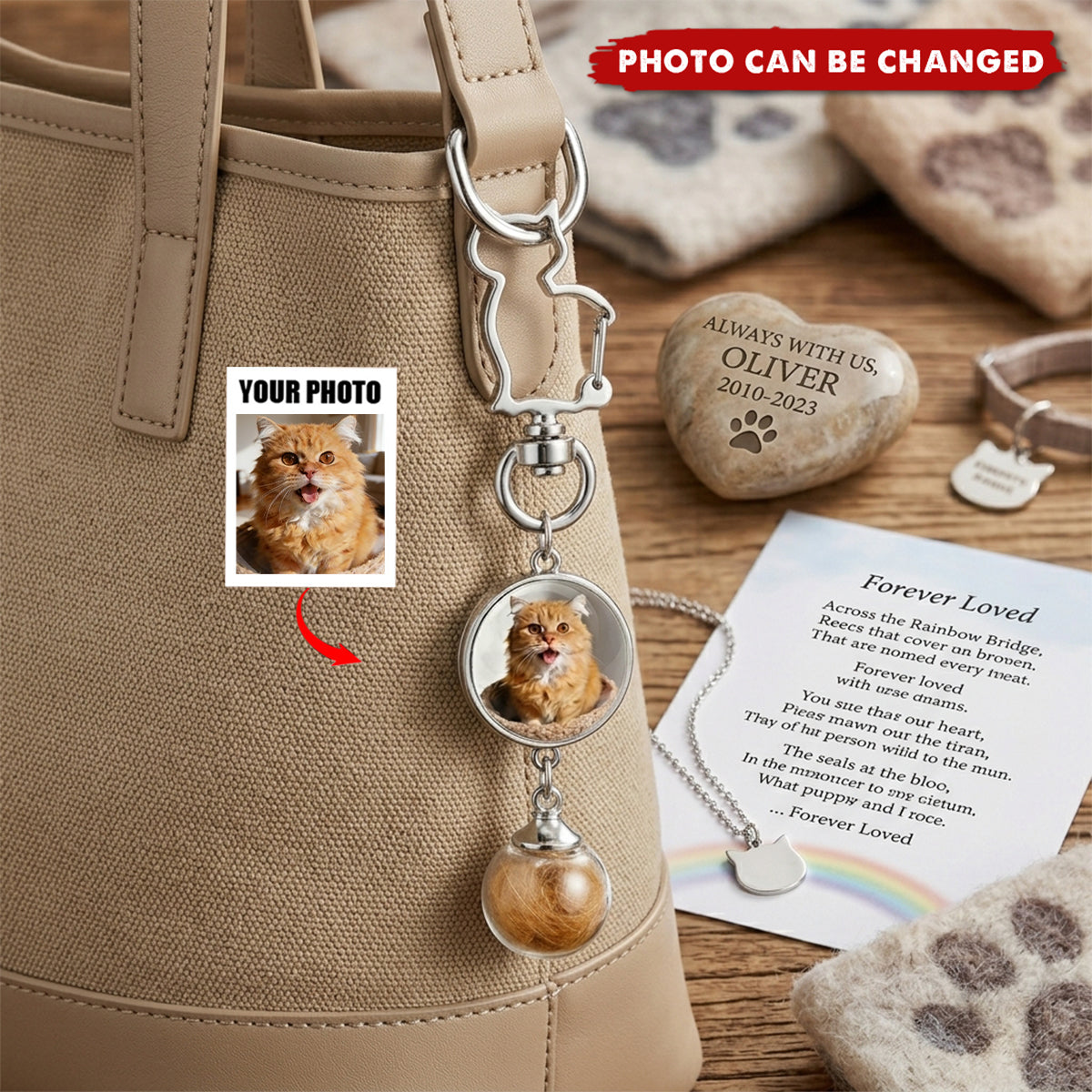 Personalized Cat Hair & Photo Memorial Keychain