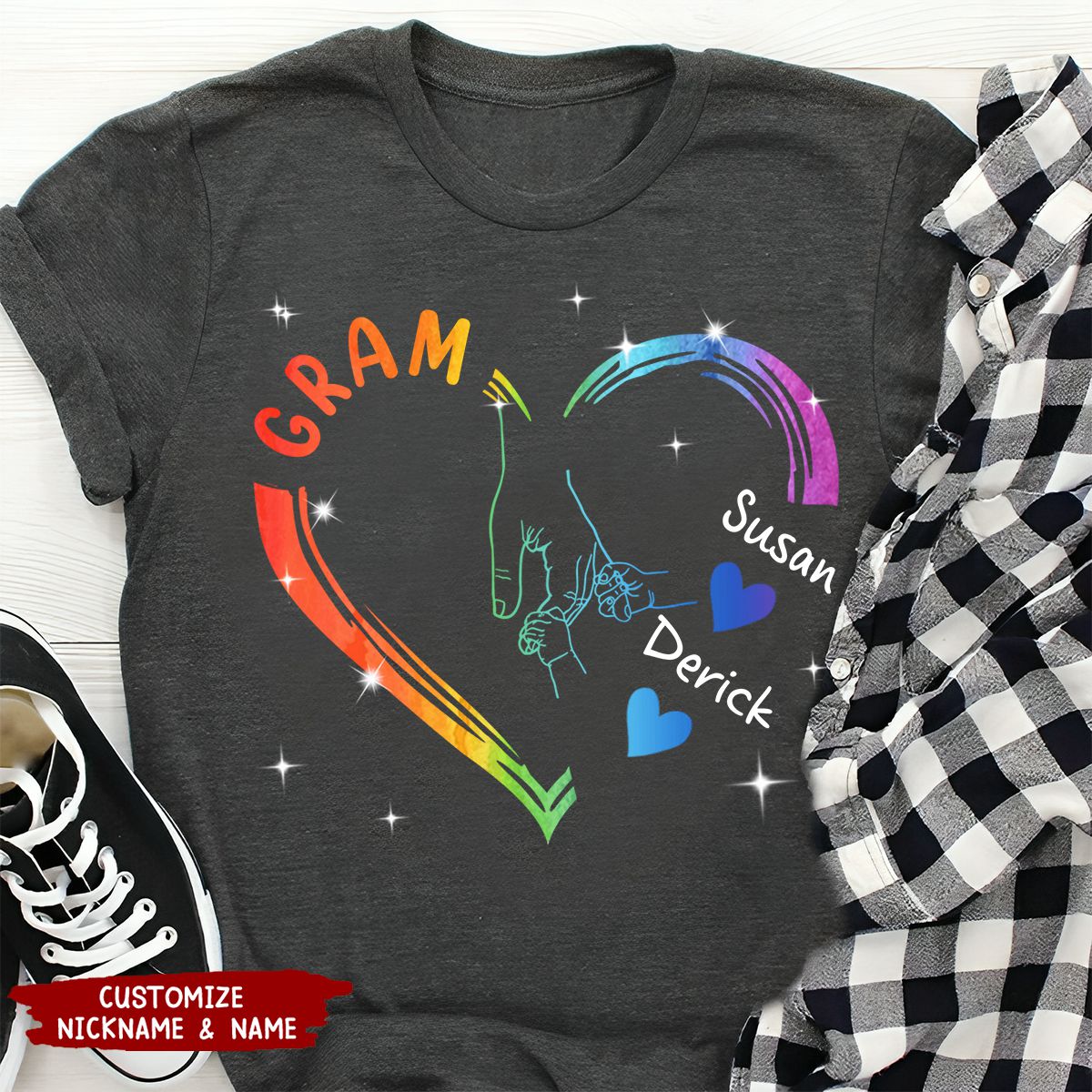 Grandma Mama And Kid Hands Heart Personalized T-Shirt