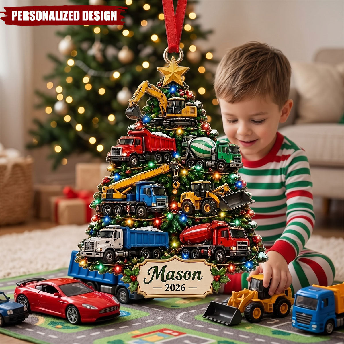 Personalized Truck Christmas Ornament, Custom Name Construction Vehicle Kids Gift