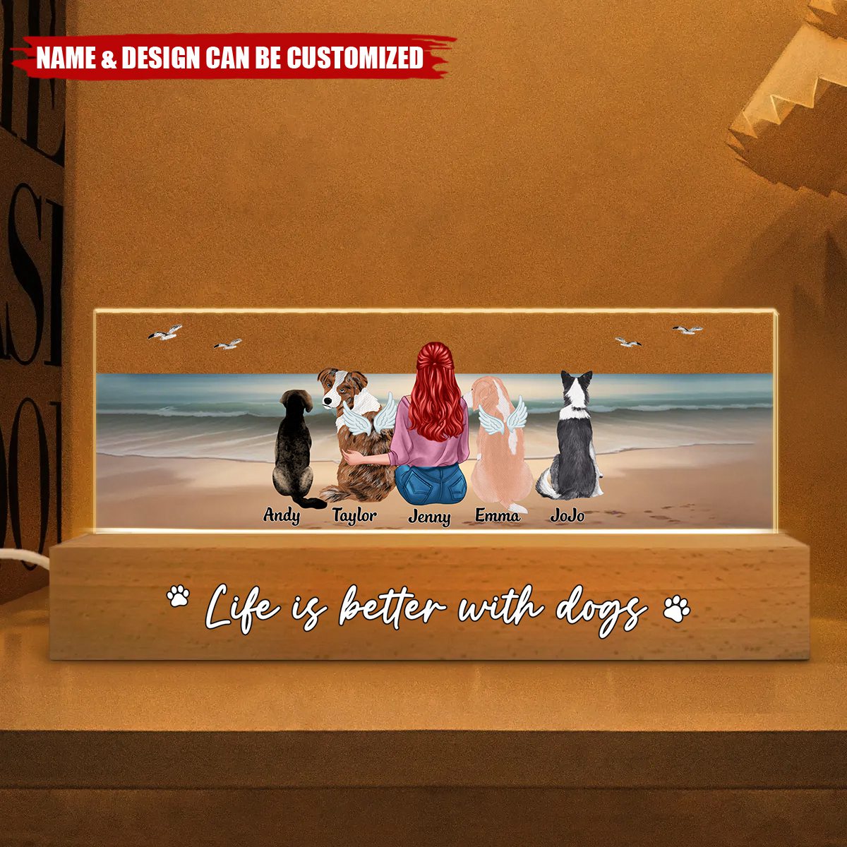 Realistic Beach Landscape A Girl And Her Dog Bond Can't Be Broken Personalized Acrylic Block LED Night Light