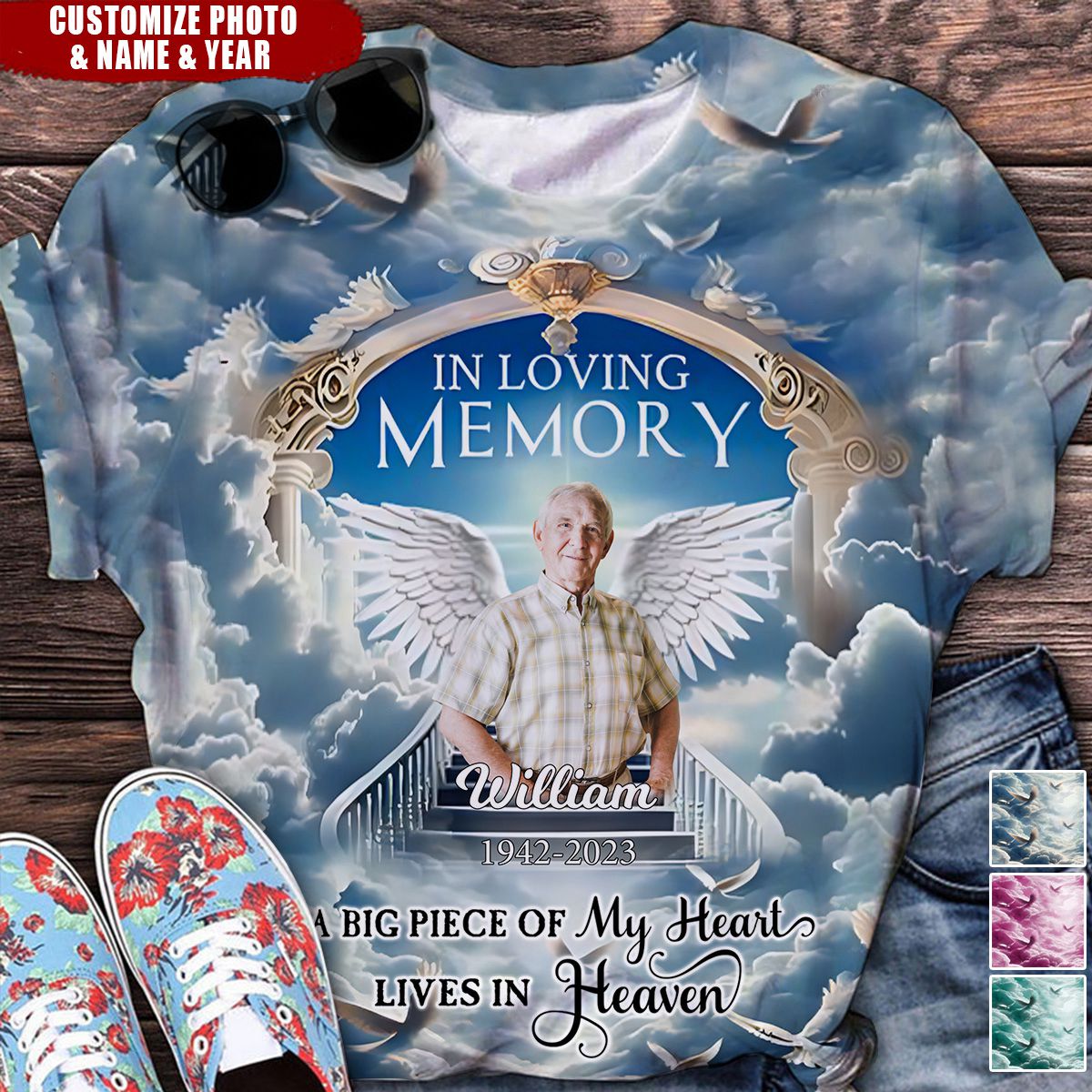 Memorial Custom Photo Angel Wings In Heaven, In Loving Memory Personalized 3D T-shirt