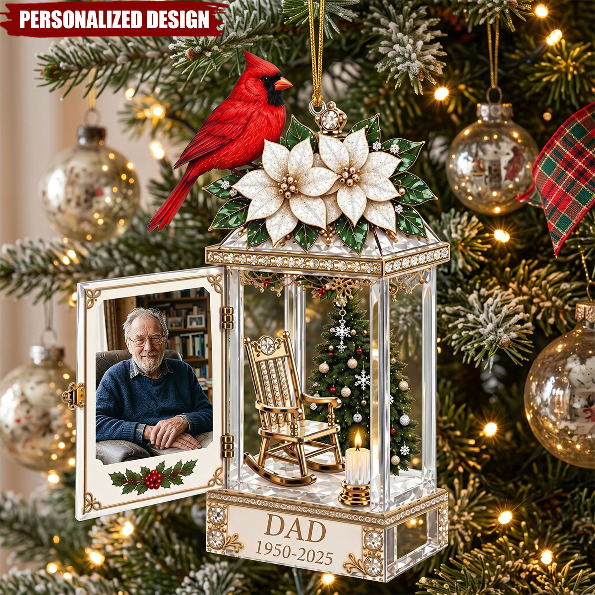 Personalized Memorial Acrylic Ornament, Custom Photo Name Cardinal Lantern Christmas Keepsake