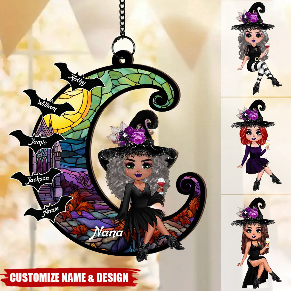 Grandma Mom Witch On Moon Personalized Window Hanging Suncatcher Ornament, Halloween Decor