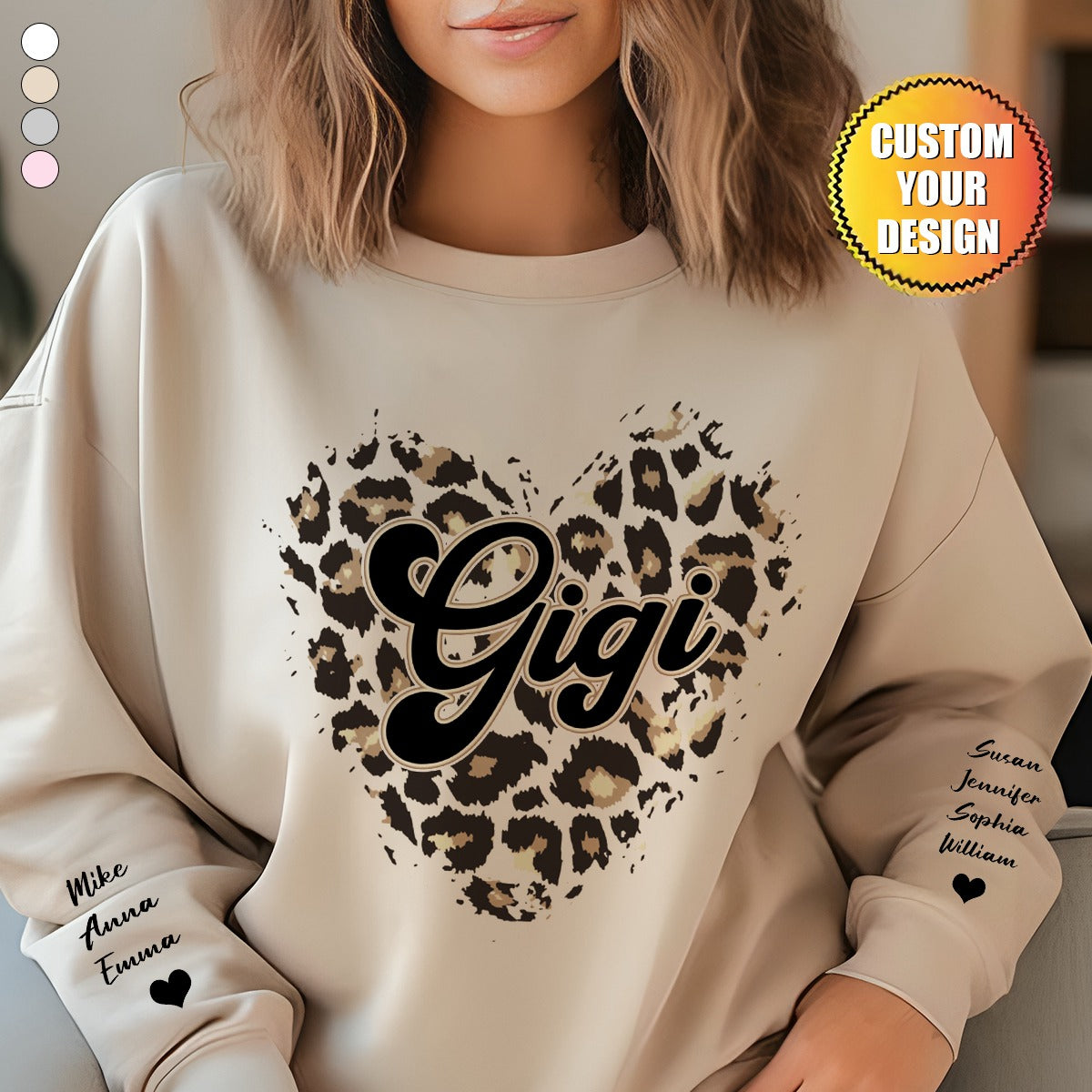 Grandma Heart Leopard Pattern Personalized Sweatshirt Sleeve Kid Names